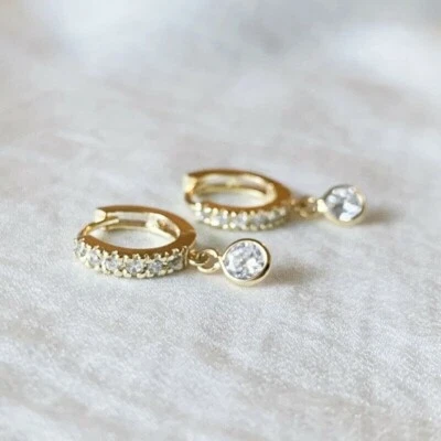 Pendientes colgantes redondos Tester Pass moissanita para mujer enchapados en oro amarillo de 14K plateados Foto 1 de 4