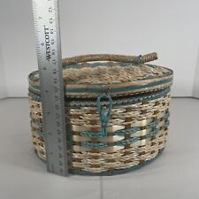 Vintage Sewing Basket w/asst Notions Inside Round Woven Braid Wicker Japan
