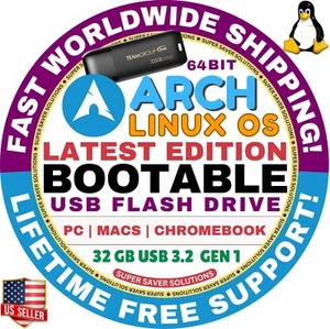 ARCH LINUX OS / BOOTABLE USB / LIVE MODE & FULL INSTALL / MACS, PCS, CHROMEBOOKS - Picture 1 of 3