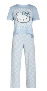 Hello Kitty Womens Size 3X Two Piece Pajama Set Blue White Gingham - Picture 1 of 4