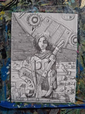 Rochabot Kneeling on Ruins of Parthetua ACEO ORIGINAL OOAK Graphite Jmg - Image 1 of 3