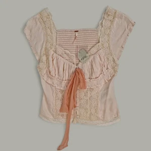 Free People Arlo Spitzentop creme rosa Band Bindebluse Kurzarm XS neu mit Etikett $ 128 - Bild 1 von 10