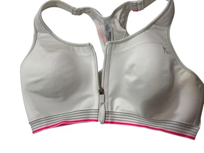 Danskin Now High-Impact Sports Bra 38C White Racerback W/ Pink Stripes Front Zip - Image 1 of 4