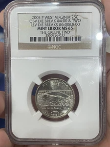 2005 P West Virginia 25c Obv Die Break @4 & two Rev Die Breaks @6 & @ 8 MS65  - Picture 1 of 5