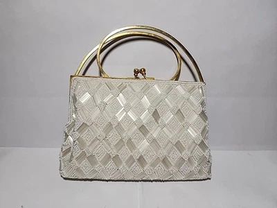 Cartera/cartera de mano de metal con cuentas blanca hecha en Hong Kong vintage años 60 Foto 1 de 4