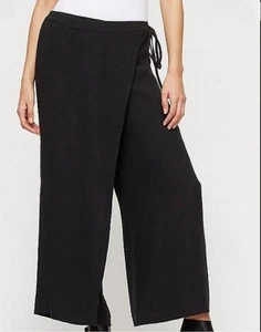 NWT EILEEN FISHER Black 100% Silk Georgette Crepe Pants Wide Leg Sarong Sz M - Picture 1 of 12