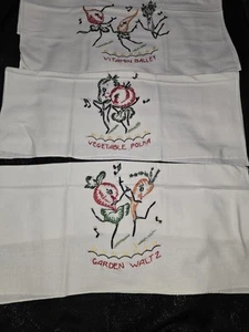 Vintage Handmade Anthropomorphic Dancing Vegetables Tea Towels Ballet Polka Walz - Picture 1 of 23
