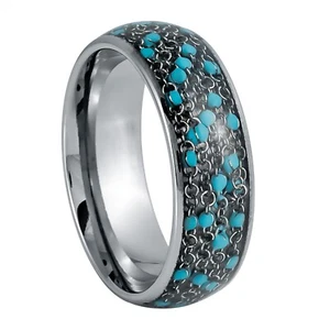 Silver Dome IP 8mm Men's Tungsten Carbide Ring Cable Chain and Blue Beads Inlay - Picture 1 of 4