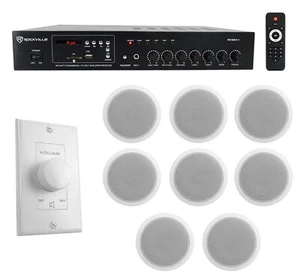 Rockville Commercial Restaurant Amp+(8) 6" White Ceiling Speakers+Wall Control - Picture 1 of 12