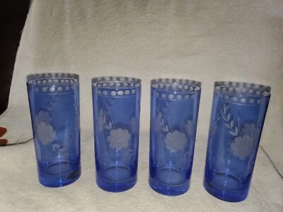 Godinger Belle Fleur Highball Glasses Blue Set of 4 Etched Flowers 14 oz - Image 1 of 4