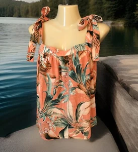 Sleeveless Crop Top Sz XL Tropical Floral Bow Tie Straps Peach Hawaiian Print - Picture 1 of 10