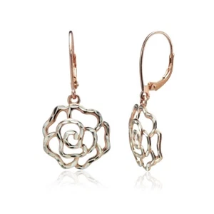 Rose Gold Flash Sterling Silver Two-Tone Diamond-cut Rose Flower Dangle Earrings - Picture 1 of 3