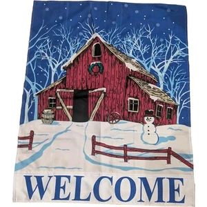 VTG Winter WELCOME Porch Banner Barn Christmas Snowman 42” x 29” Double-Sided - Picture 1 of 3