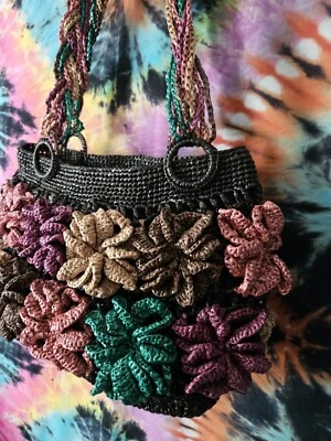 Unique Acrylic Floral Raffia Handbag Black With Colorful Flower Accents  - Image 1 of 4