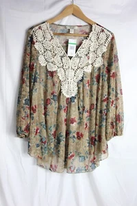 Vintage America Blues Sheer Womens Blouse Floral large V-Neck Top Multi-Color - Picture 1 of 7