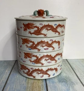 Chinese Porcelain Stacking Bowl Storage Box Set Antique Dragon & Phoenix Designs - Picture 1 of 8