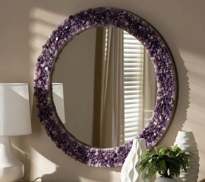 Boho Chic Handmade Amethyst Crystal Mirror | Luxury Purple Gemstone Wall Decor | - Image 1 of 4