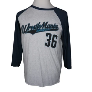 WWE WrestleMania 36 Shirt 3/4 * Large L * VG * Graphic Wrestling Blue White * VG - Picture 1 of 13