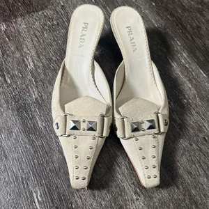 Prada Suede Studded Mules Kitten Heels Pointed Toe Shoes Ivory Size US 7 EU 37 - Picture 1 of 9