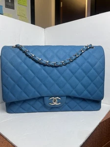 Chanel Turquoise Maxi Double Flap Bag Silver Hardware - Picture 1 of 11