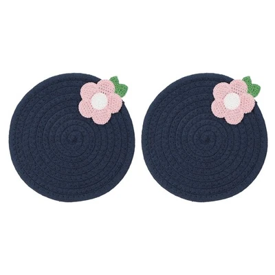 2Pcs Napperons Ronds Tresses, Napperons Tisses 7.1" avec Fleurs (Bleu Foncé) - Photo 1/4