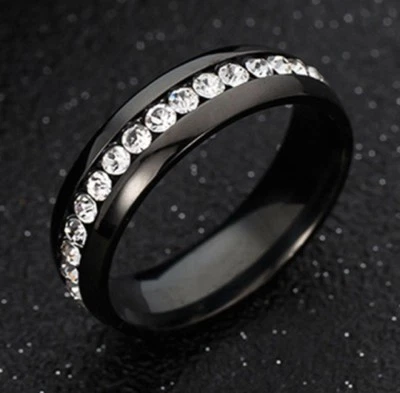 Crystal Bling Ring 6MM Titanium Stainless Steel Band Sizes 6 - 14 Free Gift Box - Image 1 of 4