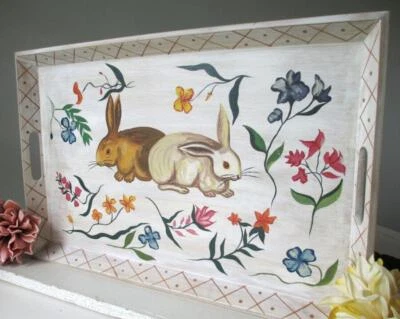 Vintage Folk Art Tray Tracy Porter Rabbits Home Collection Spring LARGE - Image 1 of 4