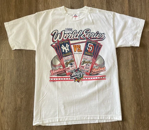 Vintage  Mens L New York Yankees/ Padres 1998 MLB World Series Logo 7 T-shirt Cover
