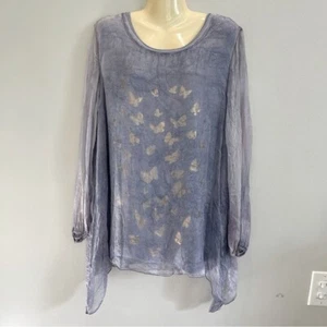 Soft Surroundings Tunic Blouse 1X Silk Overlay Blue Silver metallic Butterfly - Picture 1 of 10