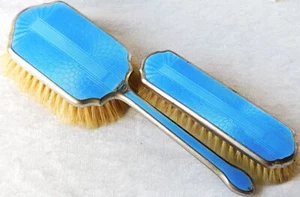Antique Art Deco Guilloche Enamel Coin Silver Hairbrush Vanity Set of 2 - Picture 1 of 9