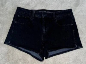 LADIES AMERICAN EAGLE BLACK DENIM SHORTS~SZ 8~HI-RISE SHORTIE~SUPER STRETCH~X4~E - Picture 1 of 3