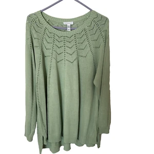 QVC Denim & Co Green Cotton Tunic Length Sweater 2X Crochet Detail - Picture 1 of 4