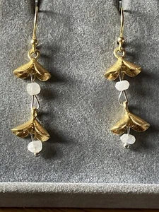 Brushed Gold Sterling Silver Pieced Dangly Flower Earrings With Milky Quartz - Picture 1 of 12