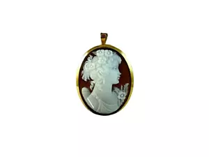 Ciondolo Pendente in Cammeo con Oro 18 kt da 750 Spilla di Donna a Cameo e fiori - Picture 1 of 3