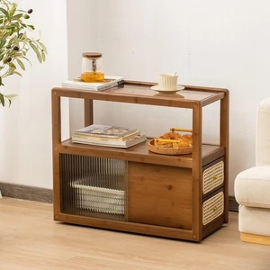 Bamboo Side Table Nightstand with Rattan Drawer & Glass Top – Multi-Function ... - Picture 1 of 6