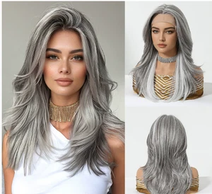 13x6 Large Lace Front Cap Silvery Gray Human Hair Blend Heat Ok Wigs Women Soft - Picture 1 of 15