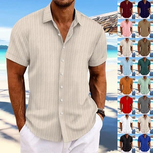 Mens Striped Button Down Shirts Grandad Summer Short Sleeve Casual T Shirt Tops - Picture 1 of 33