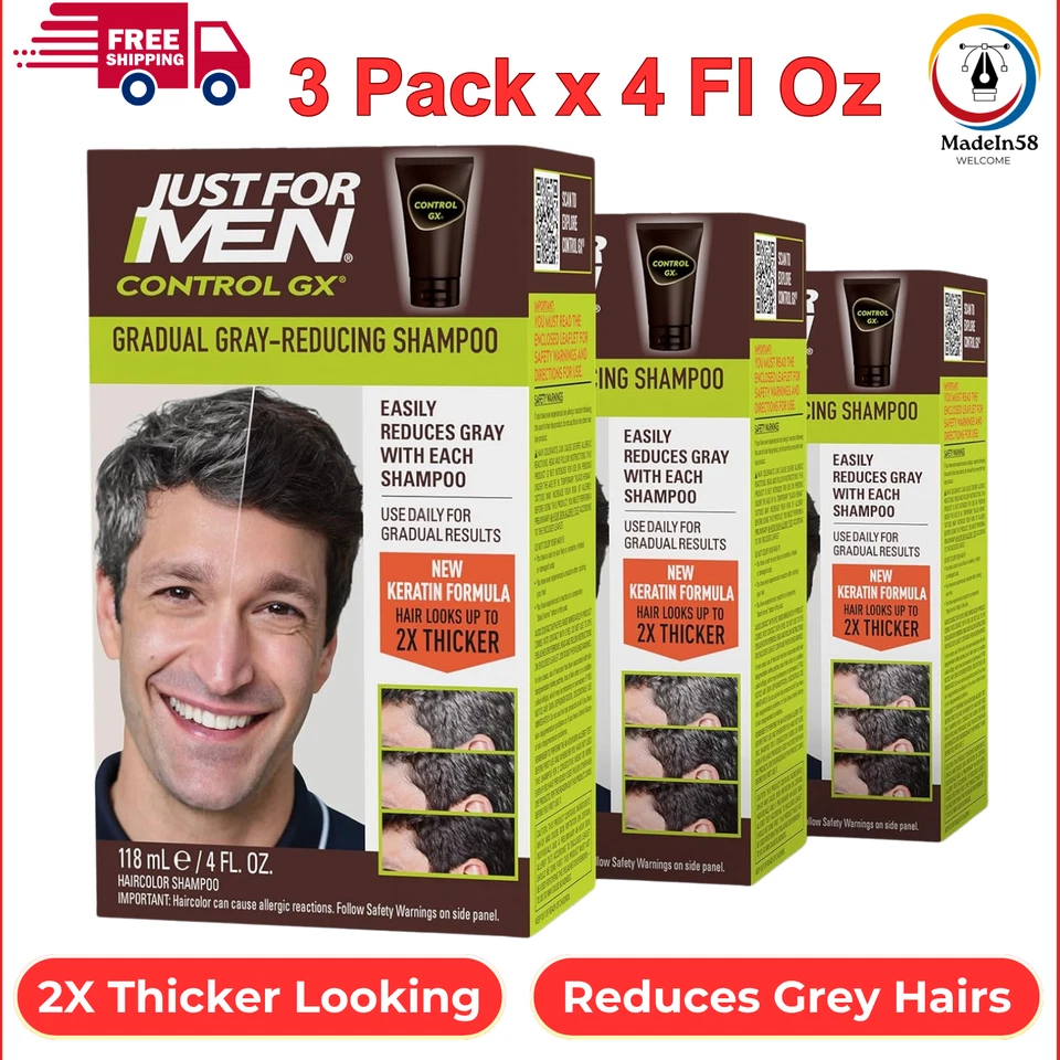 3pack Just for Men Control GX Grey Reducing Shampoo Gradually Colors Hair 4 Oz