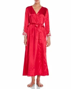 Bata Larga Flora Nikrooz Stella S M Rojo Carmesí Satén Sedoso Manga Larga - Imagen 1 de 2