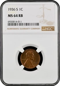 1936 S Lincoln cent graded by NGC MS 64 RB - Picture 1 of 2