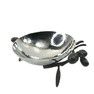 MICHAEL ARAM Hammered Silver Finish Metal Bowl Cast Iron OLIVE BRANCH - Picture 1 of 11