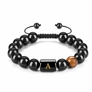 Natural 10MM Black Agate Tiger's Eye Alphabet Letter Initial Adjustable Bracelet