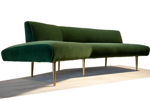 1950s Edward Wormley for Dunbar no. 4756 wing shaped sofa in Mohair and Brass Cover