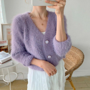 Lady Faux Mohair Knitted Short Sweater Cardigan Fluffy Jumper Pullover Coat Top