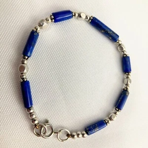 Vintage Lapis Lazuli and Silver Beaded Bracelet ~ - Picture 1 of 5