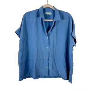 EVERLANE womens sz 8 silk blue collared button down short sleeve boxy blouse top
