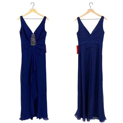 NEW Monique Lhuillier MSRP $698 Navy Silk Gown V-Neck Jeweled Beaded Size 10 - Image 1 of 4