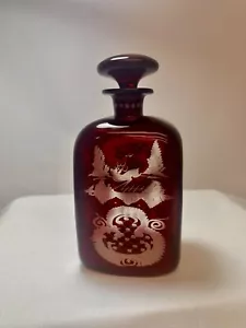 Bohemian Ruby Cut To Clear Liquor Decanter W/ Stopper Stag Deer, Birds And Trees - Picture 1 of 10