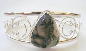 HANDMADE STERLING SILVER GEMSTONE CUFF BRACELET IN Moss Agate 457 - Picture 1 of 3