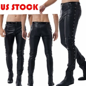 Men Wet Look Pants Gothic Punk Leather Motor Biker Tights Long Trousers Clubwear - Picture 1 of 18